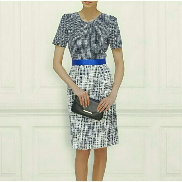 LK Bennett Dresses & Skirts - LK Bennett | Navy & Cream "Brenda" Print & Jacquard Tweed Sheath Pencil Dress